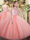 Peach Tulle Zipper Quinceanera Dress Sleeveless Floor Length Beading