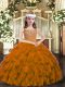 High Quality Sleeveless Floor Length Beading and Ruffles Lace Up Pageant Gowns with Brown