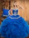 Blue Lace Up Quince Ball Gowns Embroidery and Ruffles Sleeveless Floor Length