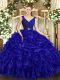 Royal Blue V-neck Backless Beading and Ruffles Ball Gown Prom Dress Sleeveless