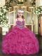 Low Price Fuchsia Sleeveless Organza Lace Up Kids Formal Wear for Party and Quinceanera