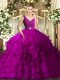 Cheap Floor Length Backless Sweet 16 Dresses Fuchsia for Sweet 16 and Quinceanera with Beading and Ruffles