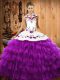 Captivating Eggplant Purple Halter Top Neckline Embroidery and Ruffled Layers Vestidos de Quinceanera Sleeveless Lace Up