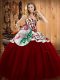 Custom Fit Floor Length Wine Red Quinceanera Dresses Satin and Tulle Sleeveless Embroidery