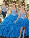 Floor Length Ball Gowns Sleeveless Teal Quinceanera Dresses Lace Up