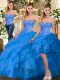 Organza Sweetheart Sleeveless Lace Up Beading and Ruffles Sweet 16 Dress in Blue
