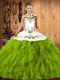 Latest Floor Length Lace Up Sweet 16 Dresses Olive Green for Military Ball and Sweet 16 and Quinceanera with Embroidery and Ruffles