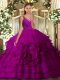 High End Sleeveless Organza Floor Length Backless Sweet 16 Dress in Fuchsia with Beading and Ruffled Layers