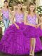 Sleeveless Floor Length Beading and Ruffles Lace Up Quinceanera Gowns with Fuchsia