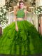 Olive Green Two Pieces High-neck Sleeveless Tulle Floor Length Zipper Beading and Ruffled Layers Quinceanera Gowns