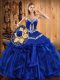 On Sale Organza Sweetheart Sleeveless Lace Up Embroidery and Ruffles Quince Ball Gowns in Royal Blue