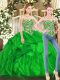 Suitable Floor Length Lace Up 15th Birthday Dress Green for Military Ball and Sweet 16 and Quinceanera with Beading and Ruffles