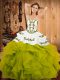 Inexpensive Olive Green Ball Gowns Satin and Organza Strapless Sleeveless Embroidery and Ruffles Floor Length Lace Up Quinceanera Dress
