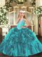 Teal Lace Up V-neck Beading and Ruffles Little Girl Pageant Gowns Organza Sleeveless