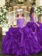 Fashionable Purple Ball Gowns Organza Straps Sleeveless Beading and Ruffles Floor Length Lace Up Custom Made Pageant Dress
