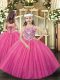 Hot Pink Ball Gowns Beading Pageant Dress for Teens Lace Up Tulle Sleeveless Floor Length