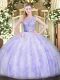Glittering Floor Length Ball Gowns Sleeveless Lavender Quince Ball Gowns Backless