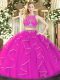 Fantastic Organza Scoop Sleeveless Zipper Ruffles Sweet 16 Dresses in Fuchsia