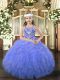 Blue Organza Lace Up Pageant Gowns For Girls Sleeveless Floor Length Beading and Ruffles