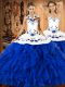 Colorful Satin and Organza Halter Top Sleeveless Lace Up Embroidery and Ruffles Quinceanera Gowns in Blue And White