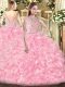Super Sleeveless Floor Length Beading and Ruffles Zipper Ball Gown Prom Dress with Rose Pink