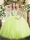 Super Yellow Green Ball Gowns Tulle Scoop Sleeveless Lace Floor Length Backless Quince Ball Gowns