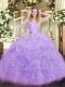 Trendy Sweetheart Sleeveless 15 Quinceanera Dress Floor Length Beading and Ruffles Lavender Organza