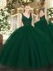 Custom Design Dark Green Ball Gowns Tulle V-neck Sleeveless Beading and Lace Floor Length Backless Quinceanera Gowns