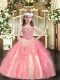 Watermelon Red Ball Gowns Straps Sleeveless Tulle Floor Length Lace Up Beading and Ruffles Evening Gowns