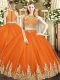 Floor Length Orange Red Sweet 16 Dresses Tulle Sleeveless Beading and Appliques