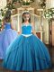Beauteous Ball Gowns Sleeveless Blue Kids Formal Wear Sweep Train Lace Up