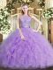 Lavender Scoop Neckline Beading and Ruffles Quince Ball Gowns Sleeveless Backless