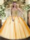 Gold Tulle Lace Up 15th Birthday Dress Sleeveless Floor Length Beading