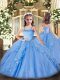 Baby Blue Organza Lace Up Custom Made Pageant Dress Sleeveless Floor Length Appliques and Ruffles