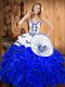 High End Sleeveless Floor Length Embroidery and Ruffles Lace Up Quinceanera Gown with Blue And White