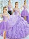 Sleeveless Organza Brush Train Lace Up Vestidos de Quinceanera in Lavender with Beading and Ruffled Layers