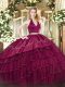 High Quality Sleeveless Organza and Taffeta Floor Length Zipper Quinceanera Gown in Burgundy with Embroidery and Ruffled Layers
