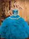 Fine Ball Gowns Quinceanera Gown Teal Sweetheart Satin and Organza Sleeveless Floor Length Lace Up