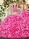 Sleeveless Tulle Floor Length Backless Sweet 16 Dress in Hot Pink with Beading and Ruffles