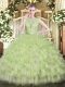 Sleeveless Floor Length Beading and Ruffled Layers Backless Quinceanera Gowns with Yellow Green