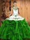 Best Selling Green Satin and Organza Lace Up Halter Top Sleeveless Floor Length 15th Birthday Dress Embroidery and Ruffles