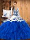 Most Popular Sweetheart Sleeveless Quinceanera Gown Floor Length Ruffles Blue Satin and Organza