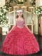 Cheap Coral Red Lace Up Straps Beading and Ruffles Evening Gowns Tulle Sleeveless