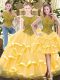 Super Floor Length Zipper Quinceanera Dresses Gold for Military Ball and Sweet 16 and Quinceanera with Beading and Ruffled Layers