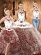 Trendy Multi-color Three Pieces Fabric With Rolling Flowers Halter Top Sleeveless Embroidery Lace Up Quinceanera Gowns Sweep Train