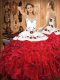 Gorgeous Floor Length Ball Gowns Sleeveless White And Red Quince Ball Gowns Lace Up