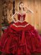 Sleeveless Floor Length Embroidery and Ruffles Lace Up Sweet 16 Dresses with Wine Red