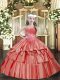 Perfect Coral Red Little Girls Pageant Dress Party and Quinceanera with Beading and Ruffled Layers Straps Sleeveless Lace Up