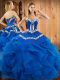 Superior Blue Satin and Organza Lace Up 15 Quinceanera Dress Sleeveless Floor Length Embroidery and Ruffles