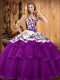 Free and Easy Purple Tulle Lace Up 15th Birthday Dress Sleeveless Floor Length Embroidery and Ruffles